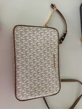 Michael Kors Beige Logo Crossbody with Gold Chain Trim